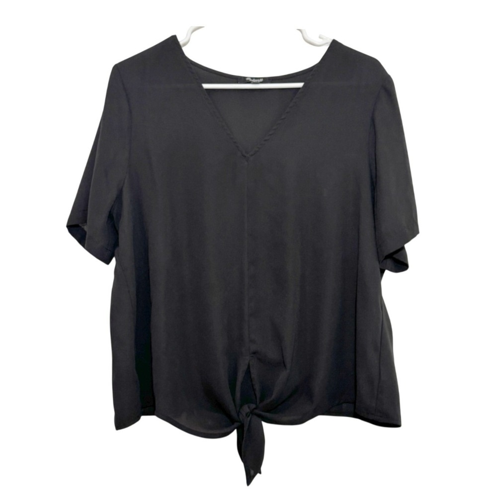 Madewell Tie Front Blouse Black V-Neck Short Sleeve Womens Large Casual Chic Top